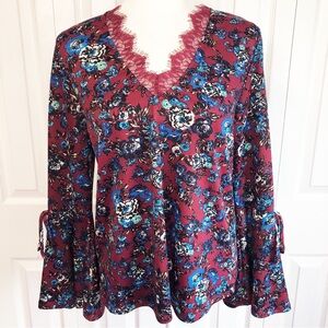 Monteau Burgundy Floral Print Lace Trim Flare Sleeve Blouse Large